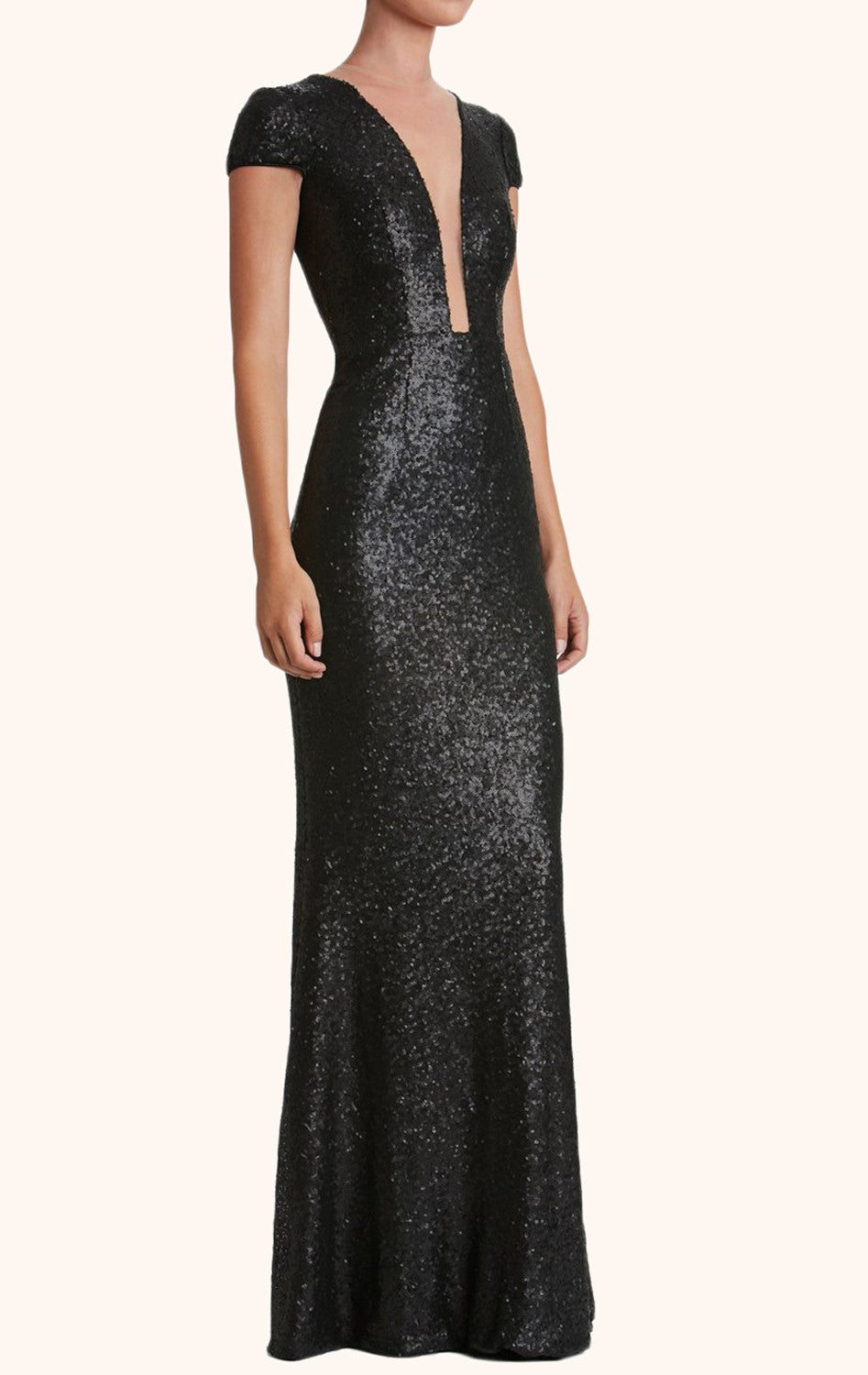 MACloth Cap Sleeves V Neck Sequin Long Prom Dress Black Formal Gown