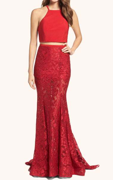 MACloth Two Piece Lace Long Prom Dress Red Formal Evening Gown