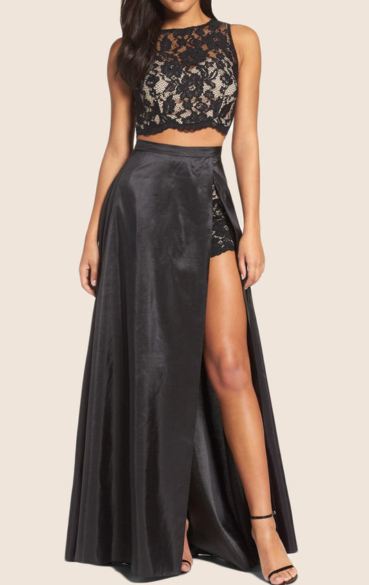 Vestido de fiesta de tafetán con encaje de dos piezas de MACloth, vestido formal negro