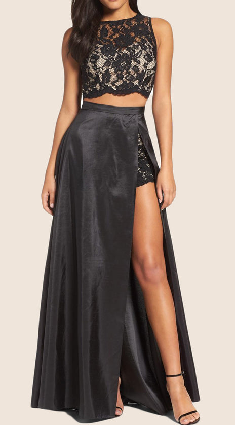 MACloth Two Piece Lace Taffeta Prom Dress Black Formal Gown