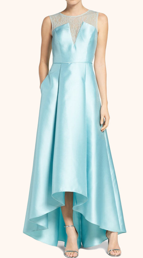 MACloth Straps High Low Satin Prom Dress Sky Blue Formal Gown