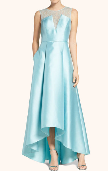 MACloth Straps High Low Satin Prom Dress Sky Blue Formal Gown