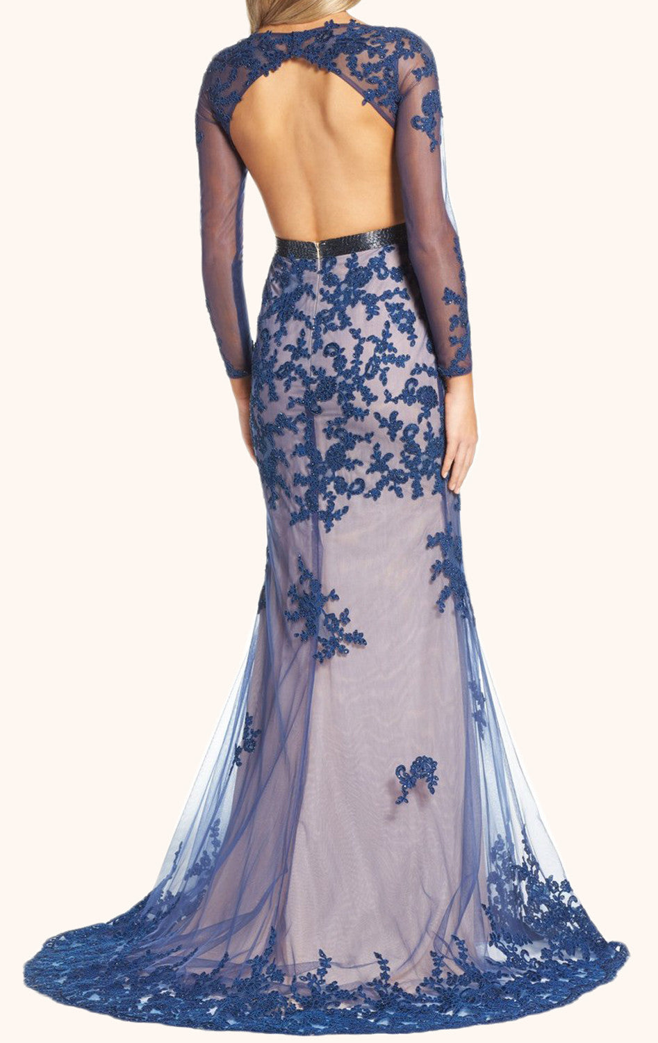 MACloth Meerjungfrau Lange Ärmel Spitze Formelles Abendkleid Marineblau Ballkleid