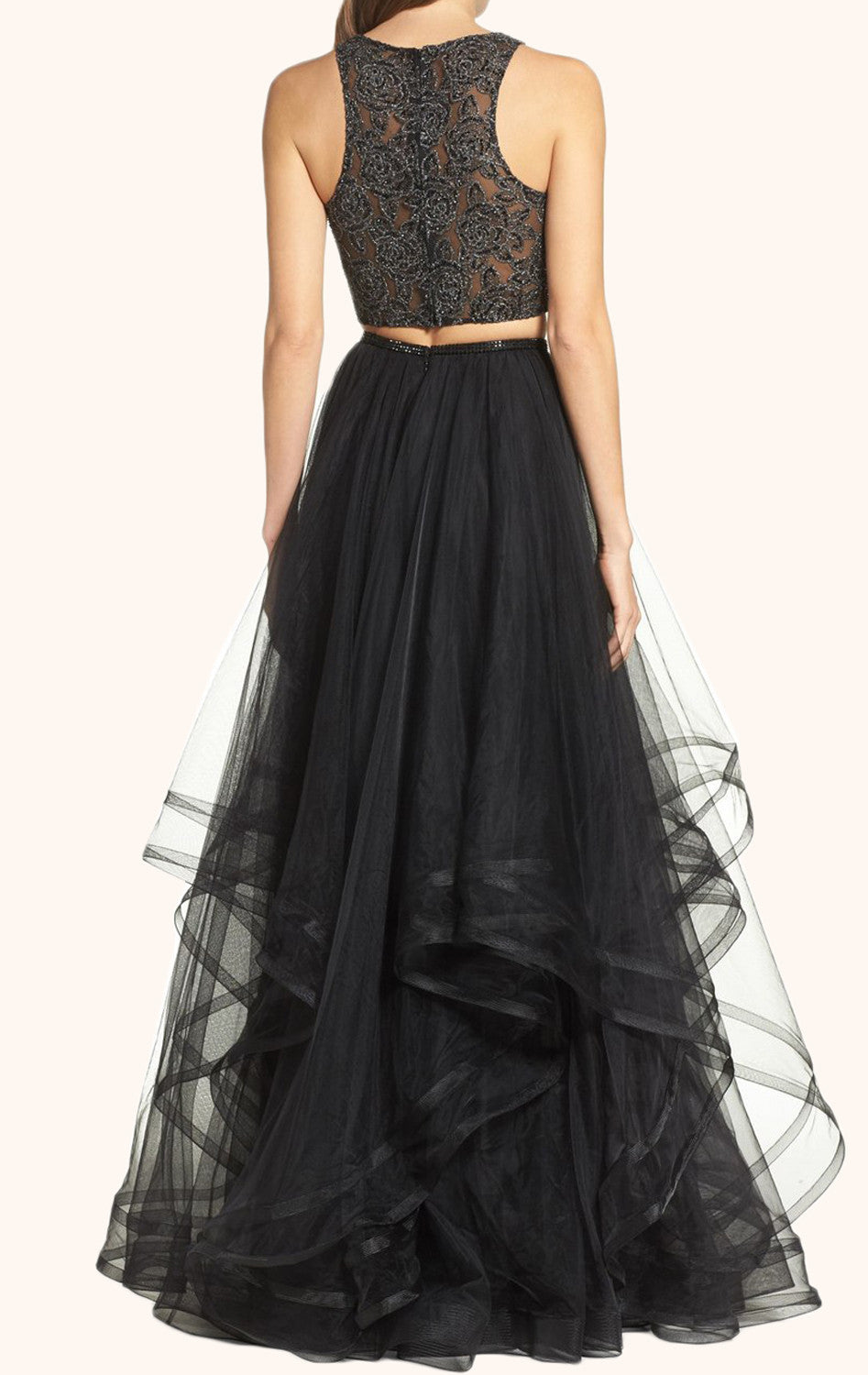 Vestido de fiesta largo de tul con encaje de dos piezas MACloth, vestido formal negro