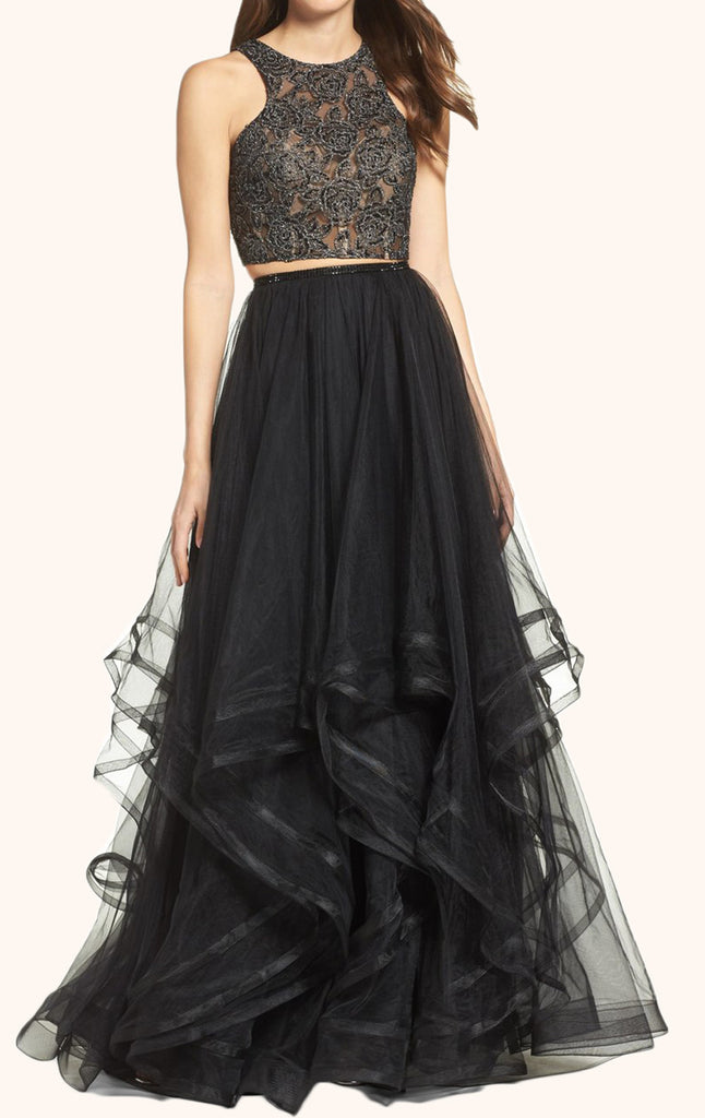MACloth Two Piece Lace Tulle Long Prom Dress Black Formal Gown