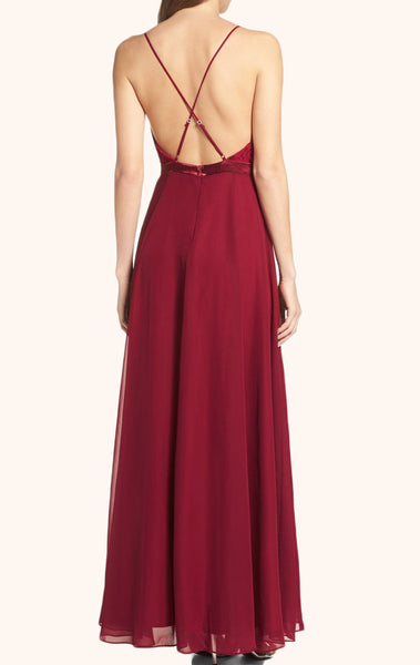 MACloth Straps V Neck Lace Chiffon Long Prom Dress Burgundy Formal Gown