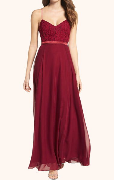 MACloth Straps V Neck Lace Chiffon Long Prom Dress Burgundy Formal Gown