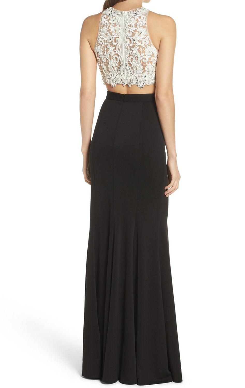 MACloth Zweiteiliges langes Ballkleid aus Spitzenjersey, schwarzes Abendkleid