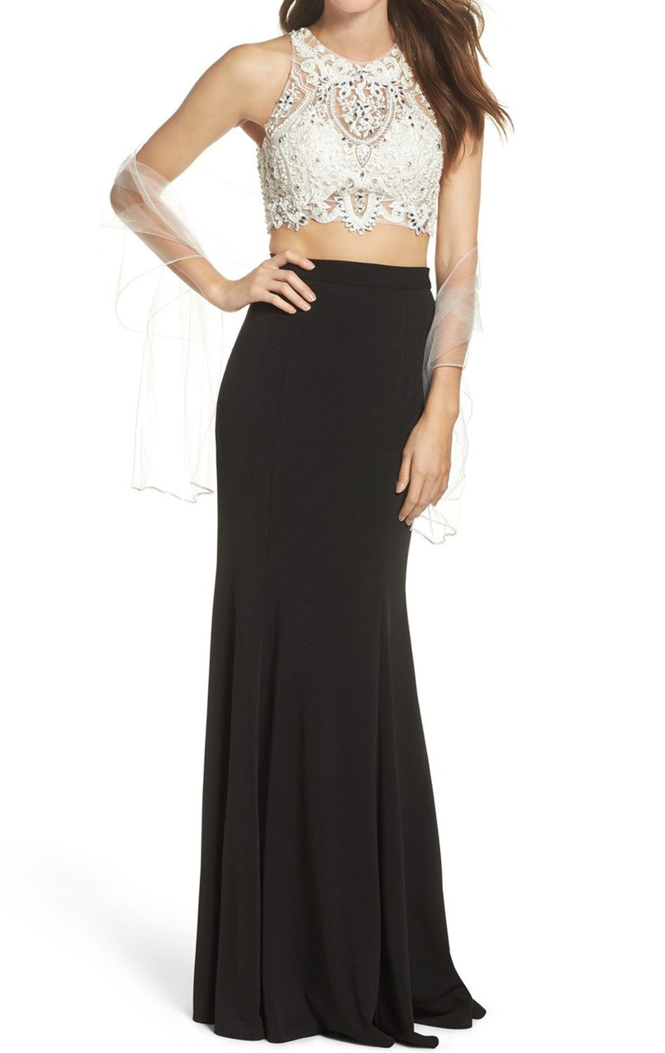 MACloth Zweiteiliges langes Ballkleid aus Spitzenjersey, schwarzes Abendkleid