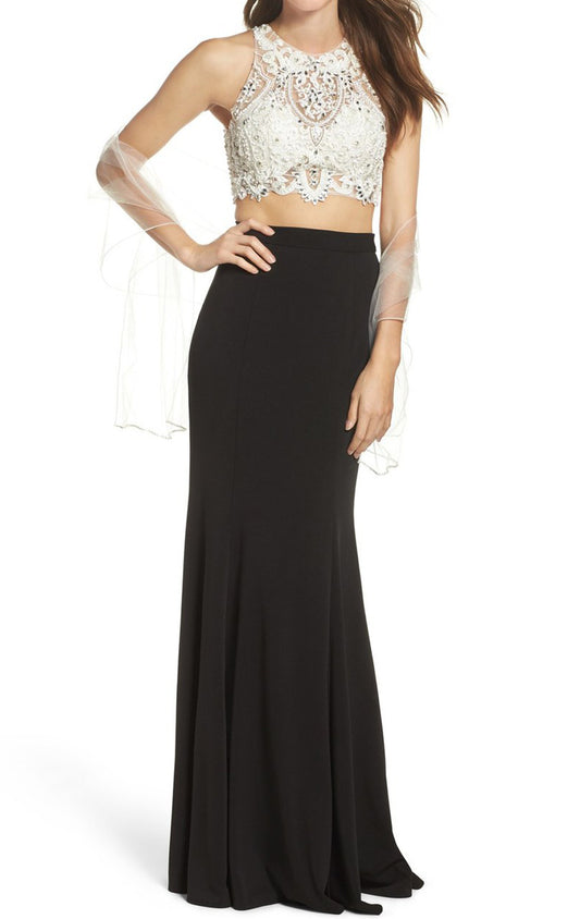 Vestido de fiesta largo de jersey de encaje de dos piezas MACloth, vestido formal negro