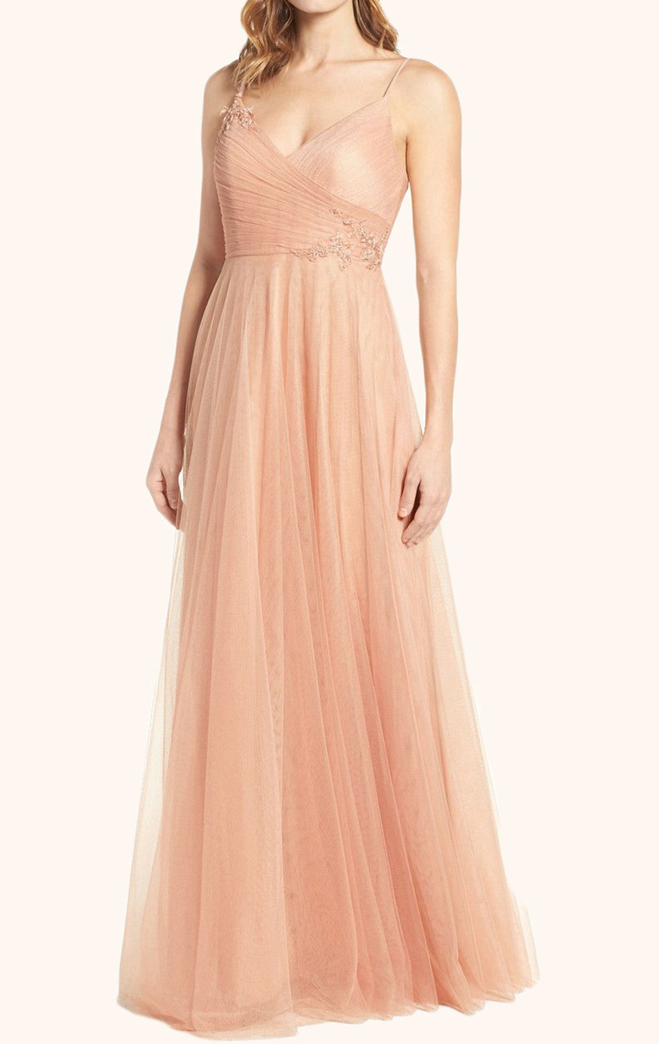 MACloth Träger V-Ausschnitt Tüll Pfirsich Ballkleid Bodenlange Abendkleid
