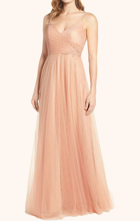 Vestido de fiesta de tul con escote en V y tirantes MACloth en color melocotón, largo hasta el suelo, vestido formal