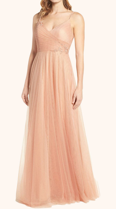 MACloth Straps V Neck Tulle Peach Prom Dress Floor Length Formal Gown