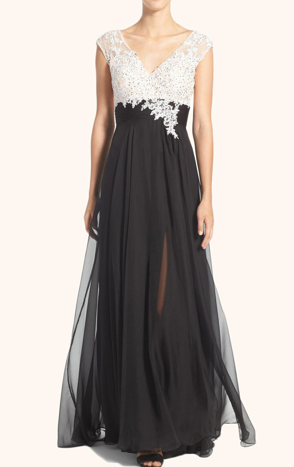 MACloth Straps V Neck Lace Chiffon Evening Gown Black Mother of the Brides Dress