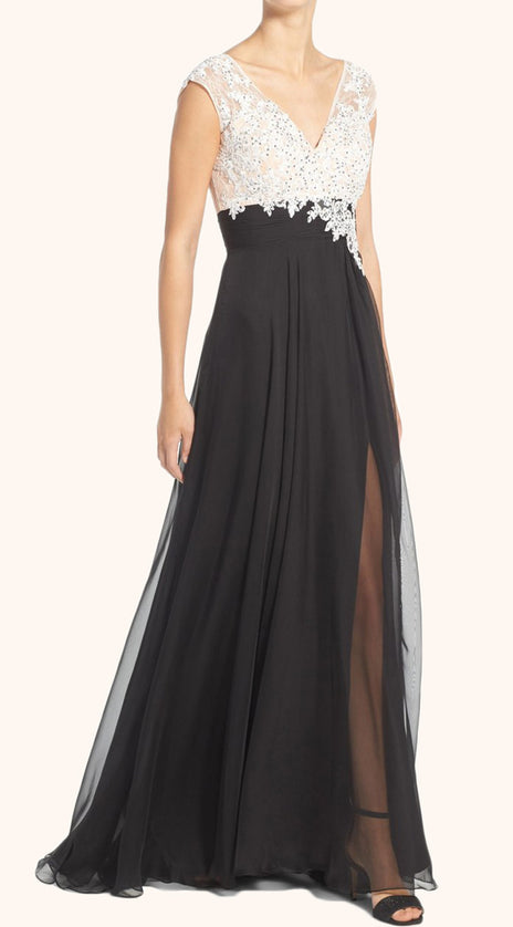 MACloth Straps V Neck Lace Chiffon Evening Gown Black Mother of the Brides Dress