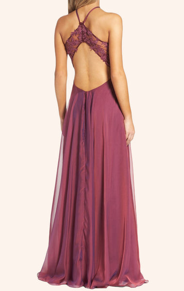 MACloth Halter Lace Chiffon Long Prom Dress Wine Red Formal Gown
