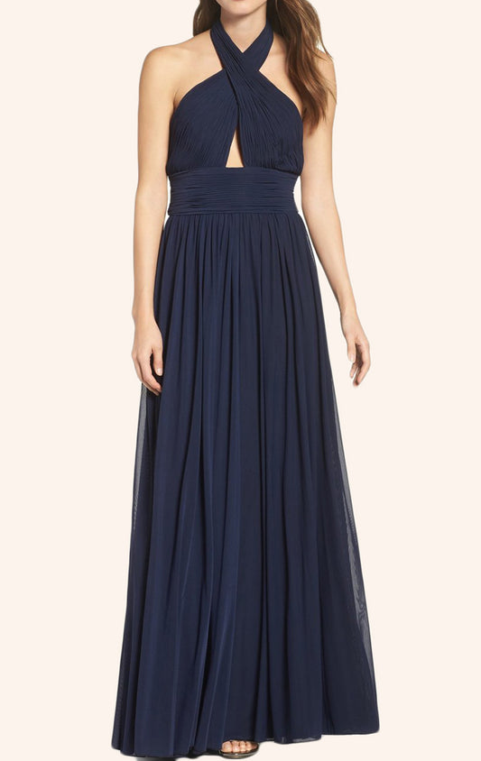 Vestido de fiesta largo de gasa con cuello halter MACloth, vestido formal azul marino oscuro