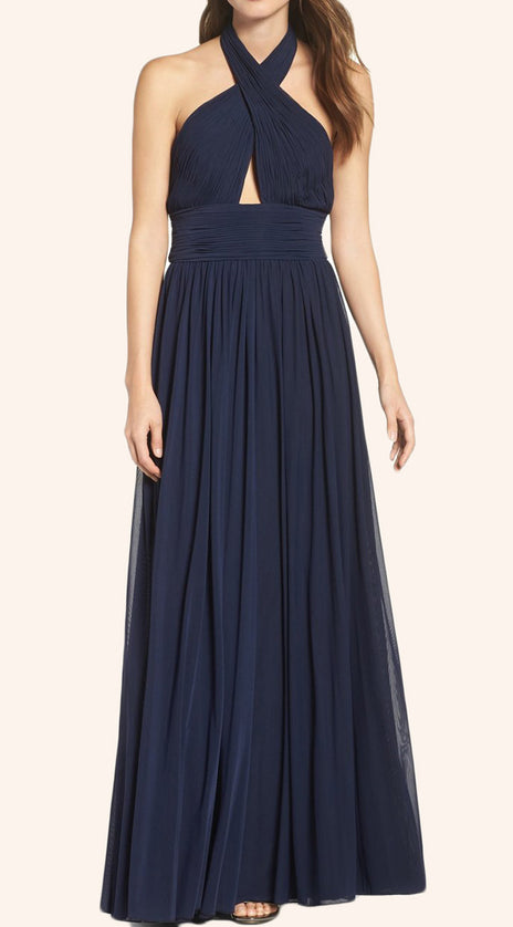 MACloth Halter Chiffon Long Prom Dress Dark Navy Formal Gown