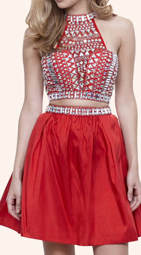 MACloth Two Piece High Neck Crystals Taffeta Mini Prom Homecoming Dress