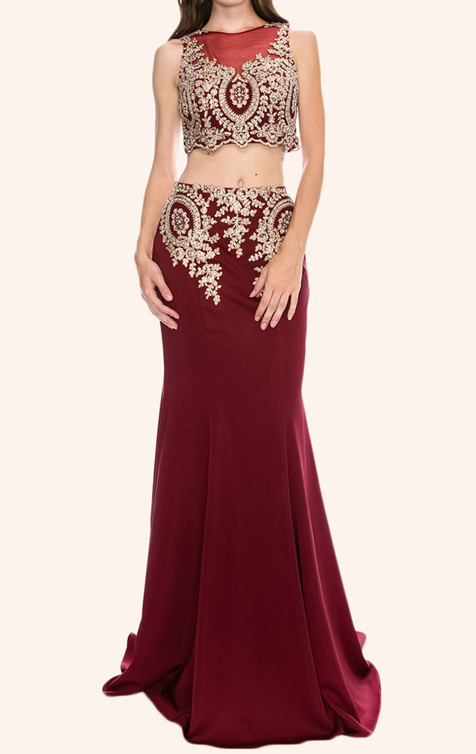 Vestido de fiesta largo de jersey con encaje y sirena de dos piezas de MACloth