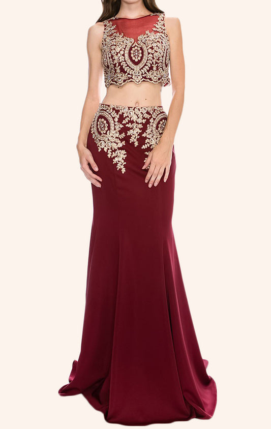 MACloth Zweiteiliges Meerjungfrau-Spitzenjersey-Langballkleid Abendkleid