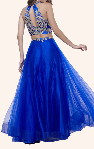 MACloth Two Piece High Neck Lace Tulle Prom Dress Royal Blue Formal Gown