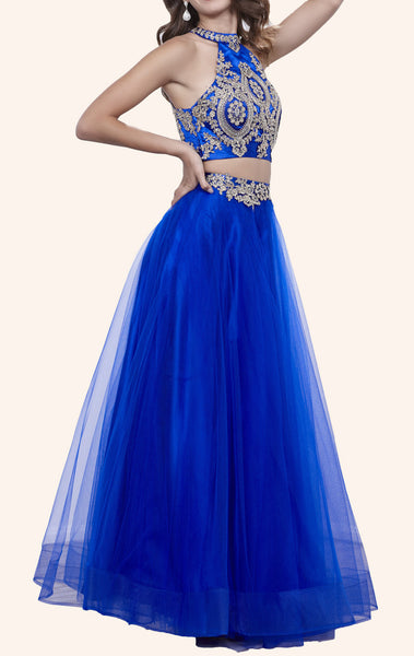 MACloth Two Piece High Neck Lace Tulle Prom Dress Royal Blue Formal Gown