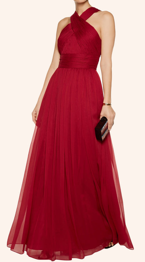 MACloth Halter Chiffon Long Simple Prom Dress Burgundy Formal Gown
