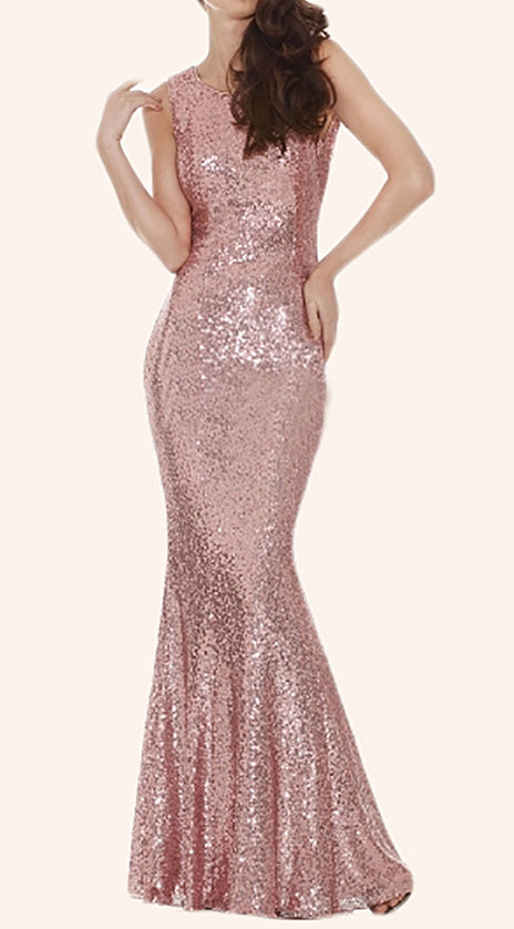 MACloth Mermaid Sequin Long Bridesmaid Dress Rose Gold Prom Dress