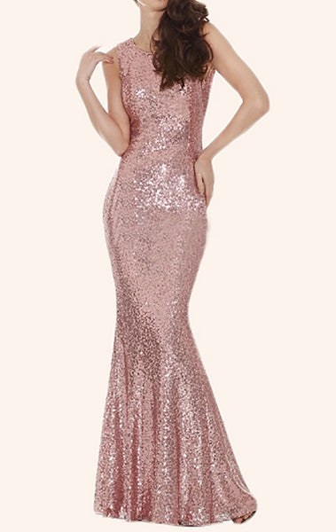 MACloth Mermaid Sequin Long Bridesmaid Dress Rose Gold Prom Dress
