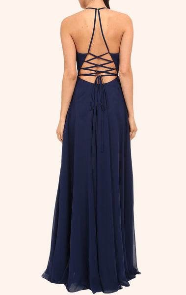 MACloth Straps V Neck Long Prom Dress with Slit Dark Navy Formal Gown