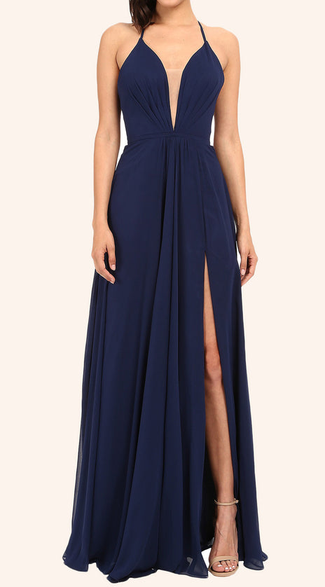 MACloth Straps V Neck Long Prom Dress with Slit Dark Navy Formal Gown