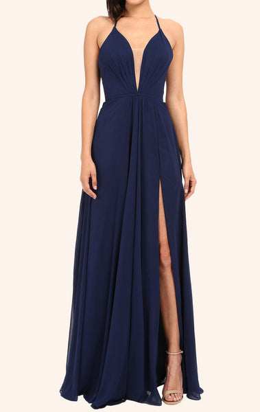 MACloth Straps V Neck Long Prom Dress with Slit Dark Navy Formal Gown