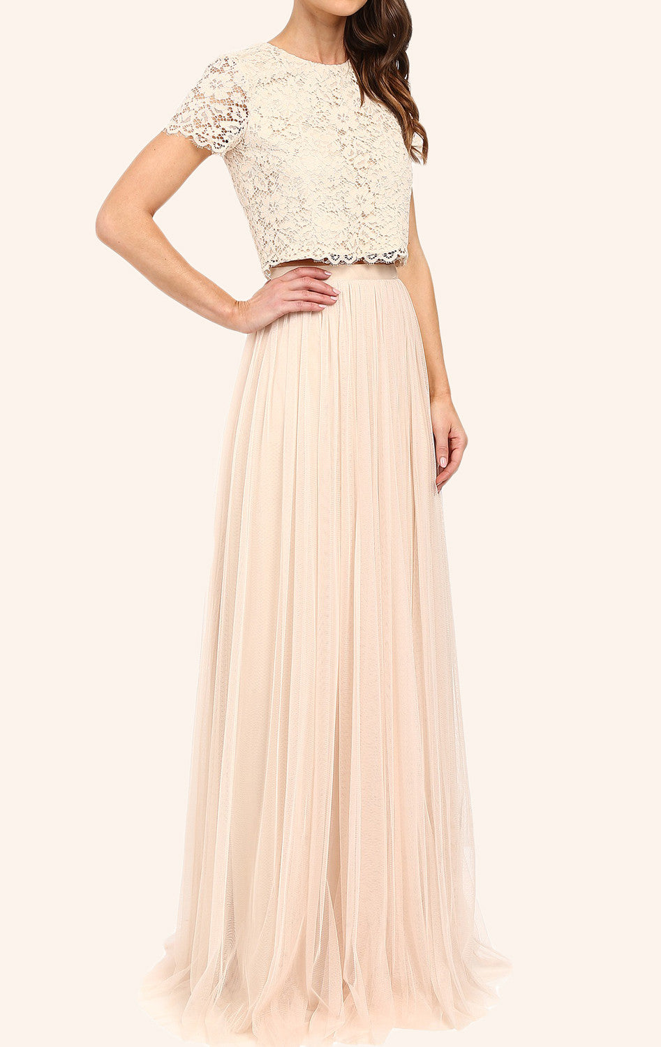 MACloth Two Piece Lace Tulle Long Bridesmaid Dress Champagne Formal Gown Custom Color / Above Knee / US2 MACloth Two Piece Lace Tulle Long Bridesmaid Dress Champagne Formal Gown Custom Color / Above Knee / US2