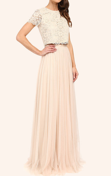 MACloth Two Piece Lace Tulle Long Bridesmaid Dress Champagne Formal Gown