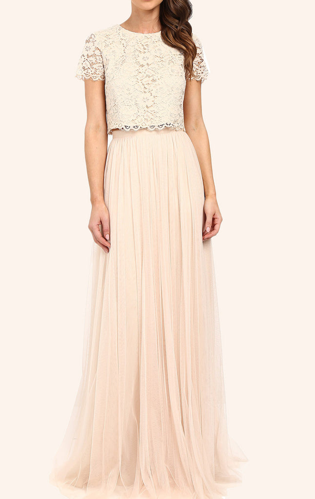 MACloth Two Piece Lace Tulle Long Bridesmaid Dress Champagne Formal Gown