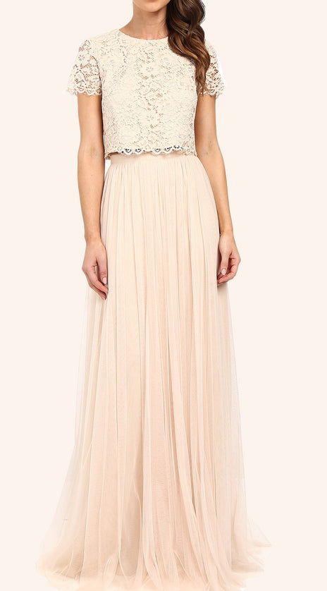 MACloth Two Piece Lace Tulle Long Bridesmaid Dress Champagne Formal Gown