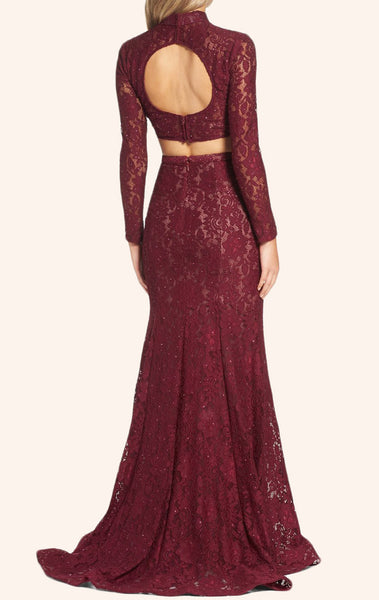 MACloth Two Piece Long Sleeves Lace Prom Dress Burgundy Formal Gown
