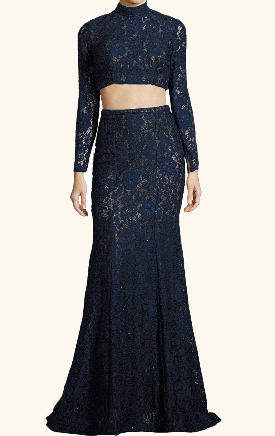 MACloth Two Piece Long Sleeves Lace Prom Dress Burgundy Formal Gown