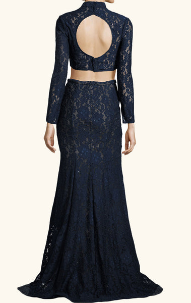MACloth Two Piece Long Sleeves Lace Prom Dress Burgundy Formal Gown