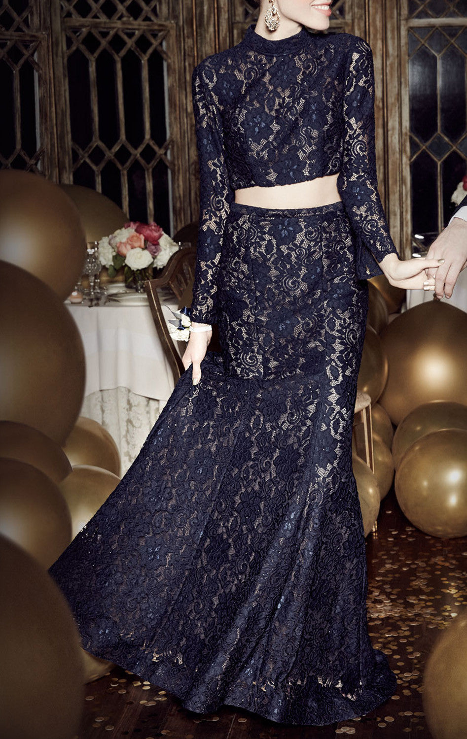 MACloth Two Piece Long Sleeves Lace Prom Dress Burgundy Formal Gown