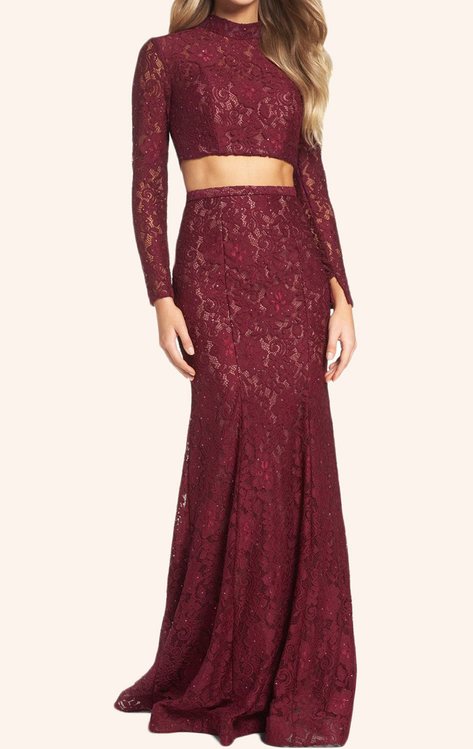 MACloth Two Piece Long Sleeves Lace Prom Dress Burgundy Formal Gown