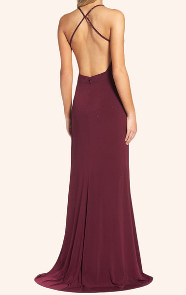 MACLoth Straps V Neck Sheath Jersey Prom Dress Burgundy Formal Gown