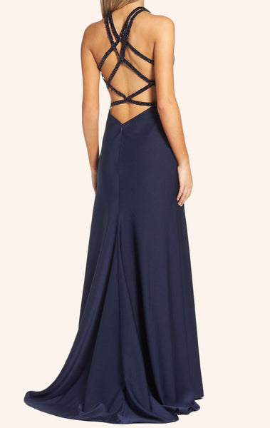 MACloth Halter Long Prom Dress with Slit Sexy Dark Navy Formal Gown