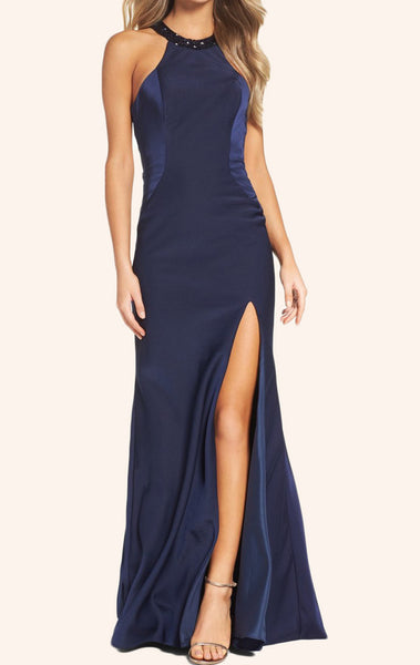 MACloth Halter Long Prom Dress with Slit Sexy Dark Navy Formal Gown