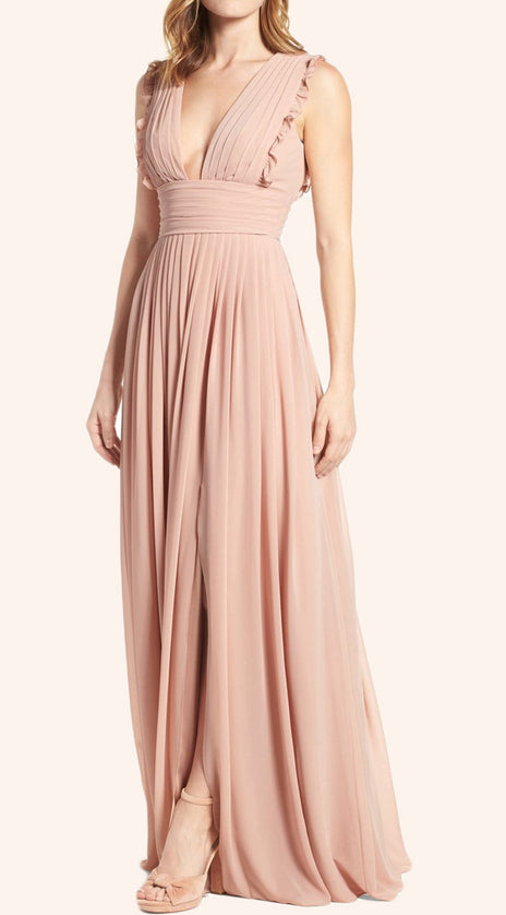 MACloth Straps V Neck Chiffon Long Bridesmaid Dress Simple Prom Gown