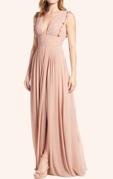 MACloth Straps V Neck Chiffon Long Bridesmaid Dress Simple Prom Gown