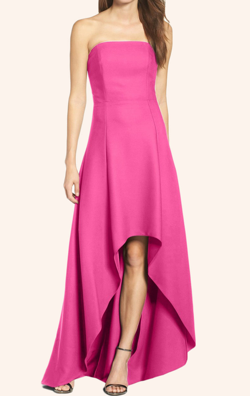MACloth Trägerloses High Low Satin Ballkleid Fuchsia Abendkleid