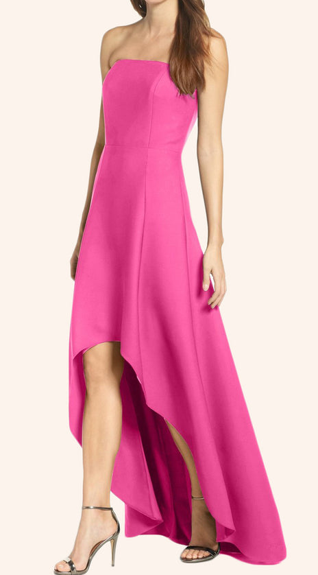 MACloth Strapless High Low Satin Prom Dress Fuchsia Formal Gown