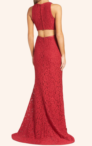MACloth Mermaid O Neck Lace Prom Dress Red Formal Gown